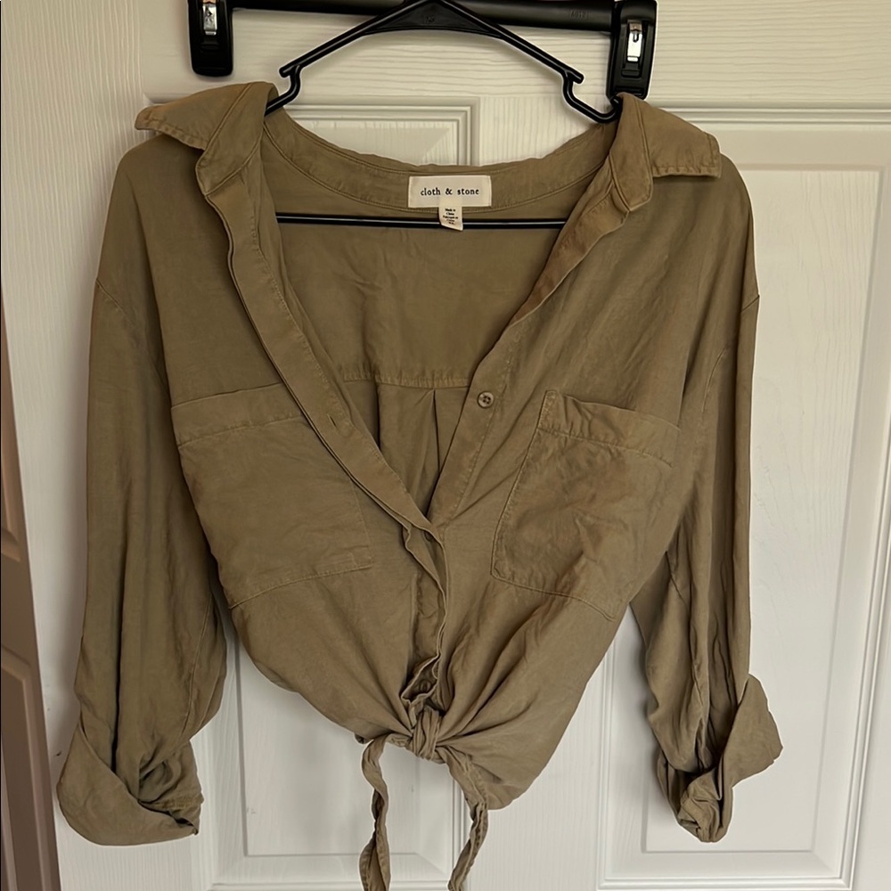 Cloth & Stone Khaki Tie-Front Shirt